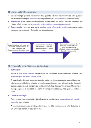 6
3) Interpretação E Compreensão
✓ Essa diferença aparece nos enunciados, quando a banca nos informa se uma questão
deve ser resolvida por recorrência (compreensão) ou por inferência (interpretação).
✓ Interpretar é ser capaz de depreender informações do texto, deduzir baseado em
pistas, inferir um subtexto, que não está explícito, mas está pressuposto.
✓ Compreender, por sua vez, seria localizar uma informação explícita no texto e não
depende de nenhuma inferência, porque está clara.
4) Principais Erros no Julgamento de Assertivas
✓ Extrapolar:
Esse é o erro mais comum. O texto vai até um limite e o examinador oferece uma
assertiva que “vai além” desse limite.
O examinador inventa aspectos que não estão contidos no texto e o candidato, por
não ter entendido bem o texto, preenche essas lacunas com a imaginação, fazendo
outras associações, à margem do texto,estimulado pela assertiva errada. O exemplo
mais perigoso é a extrapolação com informação verdadeira, mas que não está no
texto.
✓ Limitar e Restringir:
É o contrário da extrapolação. Geralmente se manifesta na supressão de informação
essencial para o texto.
A assertiva reducionista omite parte do que foi dito ou restringe o fato discutido a
um universo menor depossibilidades.
Questoes de recorrencia sao
resolvidas encontrando uma
parafrase. Questoes de
inferencia exigem uma dedu
^ao
baseada e pressupostos. ,
A ideia central na introducao e
na conclusao e a tese. No
desenvolvimento e o topico
frasal.
Leia o texto todo.Leia outra vez,
marcando as ideias centrais de
cada paragrafo, que
frequentemente vem no seu infcio.
 