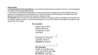 Por exemplo:
Espero que V. Ex.ª,
Senhor Ministro,
compareça a este
encontro.
Emprega-se "Sua (s)"
quando se fala a
respeito da pessoa.
Por Exemplo:
Todos os membros da
C.P.I. afirmaram que Sua
Excelência, o Senhor
Observações:
a) Vossa Excelência X Sua Excelência : os pronomes de tratamento que possuem "Vossa (s)" são empregados
em relação à pessoa com quem falamos.
- Os pronomes de tratamento representam uma forma indireta de nos dirigirmos aos nossos interlocutores. Ao
tratarmos um deputado por Vossa Excelência, por exemplo, estamos nos endereçando à excelência que esse
deputado supostamente tem para poder ocupar o cargo que ocupa.
b) 3ª pessoa: embora os pronomes de tratamento se dirijam à 2ª pessoa, toda a concordância deve ser feita com
a 3ª pessoa. Assim, os verbos, os pronomes possessivos e os pronomes oblíquos empregados em relação a eles
devem ficar na 3ª pessoa.
 