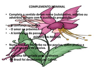COMPLEMENTO NOMINALCompleta o sentido de um nome (substantivo, adjetivo ou advérbio) sempre com o auxílio da preposição.- A confiança na justiça.- O amor ao próximo.- A lembrança do passado.AGENTE DA PASSIVANuma oração com verbo na voz passiva, quem pratica a ação é o agente da passiva.- A grama foi cortada pelo jardineiro.- O Brasil foi descoberto por Cabral.