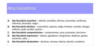 Atos ilocutórios
A. Ato ilocutório assertivo – admitir, acreditar, afirmar, concordar, confessar,
informar, discordar, negar …
B. Ato ilocutório diretivo – aconselhar, esperar, exigir, lembrar, mandar, obrigar,
ordenar, pedir, proibir, querer …
C. Ato ilocutório compromissivo – comprometer, jurar, prometer, tencionar
D. Ato ilocutório expressivo – adorar, agradecer, congratular, deplorar, gostar,
lamentar, odiar …
E. Ato ilocutório declarativo – declarar, nomear, batizar, demitir, condenar
 