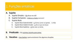 1. Funções sintáticas
A. Sujeito
A. Sujeito Simples – Ele disse-me olá!
B. Sujeito Composto – A Maria e o Pedro namoram!
C. Sujeito Nulo
A. Sujeito Nulo Subentendido – (-) Fomos comer um gelado. (-)=Nós
B. Sujeito Nulo Indeterminado – (-) Diz-se que vai chover.
C. Sujeito Nulo Expletivo – (-)Está calor no Verão.
B. Predicado – Ela cozinhou lasanha para jantar.
C. Vocativo – Caro Senhor, queria esclarecer-lhe algumas situações.
 