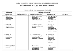 ESCOLA MUNICIPAL DE ENSINO FUNDAMENTAL GERALDO GOMES DE BARROS

                              Série: 2º ANO Turmas: “A, B, C, e D” Turno: Matutino e Vespertino



                                   PLANO DE ENSINO – 2011 _____________ IV UNIDADE

    DISCIPLINA                                                   LÍNGUA PORTUGUESA

  CONTEÚDOS                OBJETIVO GERAL        OBJETIVO ESPECÍFICO              ESTRATÉGIAS            AVALIAÇÃO
• Grau do                                        • Grafar as formas do          • Emprego do grau
  substantivo:                                     diminutivo e                    do substantivo:
  aumentativo e                                    aumentativo de                  diminutivo e
  diminutivo                                       substantivos usuais.            aumentativo nas
                                                                                   palavras.


•   Numero do                                     •   Identificar e grafar      •   Emprego do
    substantivo:                                      corretamente singular         numero do
    singular e plural                                 e plural.                     substantivo
                                                                                    singular e plural
                                                                                    das palavras com
                                                                                    recorte e colagem.


•   Gênero do                                     •   Levar o aluno a           •   Emprego do
    substantivo:                                      construir noções de           gênero do
    masculino e                                       flexão nominal,               substantivo:
    feminino                                          masculino e feminino.         masculino e
                                                                                    feminino com
                                                                                    escrita de
                                                                                    palavras.


•   Leitura e produção                            •   Desenvolver               •   Leitura
    de texto                                          habilidades de escrita        compartilhada,
                                                      em diferentes                 individual,
                                                      dimensões de                  silenciosa e
 