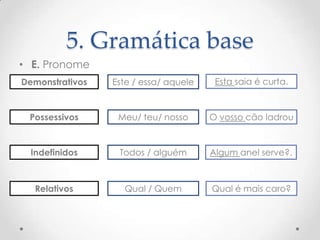 5. Gramática base
• E. Pronome
Demonstrativos

Este / essa/ aquele

Esta saia é curta.

Possessivos

Meu/ teu/ nosso

O vosso cão ladrou

Indefinidos

Todos / alguém

Algum anel serve?.

Relativos

Qual / Quem

Qual é mais caro?

 