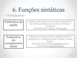 6. Funções sintáticas
• F. Predicativo
Predicativo de
sujeito

Aparece nas frases com os verbos copulativos:
ser, estar, permanecer, continuar, tornar-se,
revelar-se.
Exemplo: Ela é idosa e está de pé!

Predicativo
do
complemento
direto

Aparece nas frases com os verbos transitivospredicativos: considerar, julgar, eleger, nomear,
achar…
Exemplo: Ela foi eleita presidente pois é
considerada boa samaritana!

 