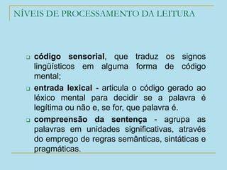 NÍVEIS DE PROCESSAMENTO DA LEITURA
 código sensorial, que traduz os signos
lingüísticos em alguma forma de código
mental;
 entrada lexical - articula o código gerado ao
léxico mental para decidir se a palavra é
legítima ou não e, se for, que palavra é.
 compreensão da sentença - agrupa as
palavras em unidades significativas, através
do emprego de regras semânticas, sintáticas e
pragmáticas.
 