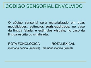 CÓDIGO SENSORIAL ENVOLVIDO
O código sensorial será materializado em duas
modalidades: estímulos orais-auditivos, no caso
da língua falada, e estímulos visuais, no caso da
língua escrita ou sinalizada.
ROTA FONOLÓGICA ROTA LEXICAL
memória ecóica (auditiva) memória icônica (visual)
 