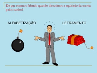 De que estamos falando quando discutimos a aquisição da escrita
pelos surdos?
ALFABETIZAÇÃO LETRAMENTO
 