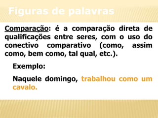 Figuras de palavras
Comparação: é a comparação direta de
qualificações entre seres, com o uso do
conectivo comparativo (como, assim
como, bem como, tal qual, etc.).
Exemplo:
Naquele domingo, trabalhou como um
cavalo.

 