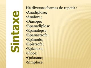 Sintaxe

Há diversas formas de repetir :
•Anadiplose;
•Anáfora;
•Diácope;
•Epanadiplose
•Epanalepse
•Epanástrofe;
•Epânodo;
•Epístrofe;
•Epizeuxe;
•Ploce;
•Quiasmo;
•Símploce.

 