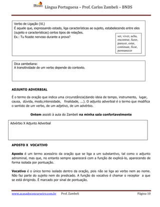 Língua Portuguesa – Prof. Carlos Zambeli – BNDS
www.acasadoconcurseiro.com.br Prof. Zambeli Página 10
ADJUNTO ADVERBIAL
É o termo da oração que indica uma circunstância(dando ideia de tempo, instrumento, lugar,
causa, dúvida, modo,intensidade, finalidade, ...). O adjunto adverbial é o termo que modifica
o sentido de um verbo, de um adjetivo, de um advérbio.
Ontem assisti à aula do Zambeli na minha sala confortavelmente
APOSTO X VOCATIVO
Aposto é um termo acessório da oração que se liga a um substantivo, tal como o adjunto
adnominal, mas que, no entanto sempre aparecerá com a função de explicá-lo, aparecendo de
forma isolada por pontuação.
Vocativo é o único termo isolado dentro da oração, pois não se liga ao verbo nem ao nome.
Não faz parte do sujeito nem do predicado. A função do vocativo é chamar o receptor a que
se está dirigindo. É marcado por sinal de pontuação.
Verbo de Ligação (VL)
É aquele que, expressando estado, liga características ao sujeito, estabelecendo entre eles
(sujeito e características) certos tipos de relações.
Ex.: Tu ficaste nervoso durante a prova? ser, viver, acha,
encontrar, fazer,
parecer, estar,
continuar, ficar,
permanecer
 Ficar
 Andar
 Tornar
 Virar
 Acabar
Dica zambeliana:
A transitividade de um verbo depende do contexto.
Advérbio X Adjunto Adverbial
 