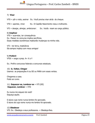 Língua Portuguesa – Prof. Carlos Zambeli – BNDS
www.acasadoconcurseiro.com.br Prof. Zambeli Página 29
7) Visar
VTD = pôr o visto, assinar Ex.: Você precisa visar atrás do cheque.
VTD = apontar, mirar Ex.: O Capitão Nascimento visou o traficante.
VTI = desejar, almejar, ambicionar: Ex.: Vocês visam ao cargo público.
8) Implicar
VTD = acarretar, ter consequência
Ex.: Passar no concurso implica sacrifícios.
Essas medidas econômicas implicarão mudanças na minha vida.
VTI – ter birra, implicância
Ela sempre implica com meus amigos!
9) Preferir
VTDI = exige a prep. A= X a Y
Ex.: Prefiro concursos federais a concursos estaduais.
10) Ir, Voltar, Chegar
Usamos as preposições A ou DE ou PARA com esses verbos.
Chegamos a casa.
Foste ao curso.
11) Esquecer-se, Lembrar-se = VTI (DE)
Esquecer, Lembrar = VTD
Eu nunca me esqueci de você!
Esqueça aquilo.
O aluno cujo nome nunca lembro foi aprovado.
O aluno de cujo nome nunca me lembro foi aprovado.
12) Obedecer
VTI: Ex.: Obedeça a seus professores. = Obedeça-lhes.
 