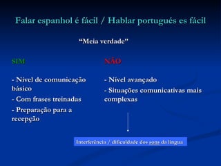 Falar espanhol é fácil / Hablar portugués es fácil “ Meia verdade” Interferência / dificuldade dos  sons  da língua SIM NÃO - Nível de comunicação básico - Com frases treinadas - Preparação para a recepção - Nível avançado - Situações comunicativas mais complexas 