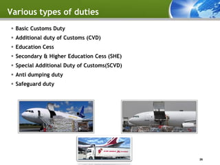 Various types of duties
 Basic Customs Duty
 Additional duty of Customs (CVD)
 Education Cess
 Secondary & Higher Education Cess (SHE)
 Special Additional Duty of Customs(SCVD)
 Anti dumping duty
 Safeguard duty




                                             26
 