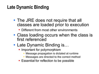 Late Dynamic Binding The JRE does not require that all classes are loaded prior to execution Different from most other environments   Class loading occurs when the class is first referenced Late Dynamic Binding is… Important for polymorphism Message propagation is dictated at runtime Messages are directed to the correct method Essential for reflection to be possible 