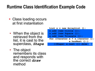 Runtime Class Identification Example Code Class loading occurs at first instantiation When the object is retrieved from the list, it is cast to the superclass,  Shape The object remembers its class and responds with the correct  draw  method 