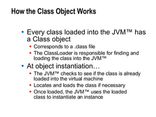 How the Class Object Works Every class loaded into the JVM™ has a Class object Corresponds to a .class file The ClassLoader is responsible for finding and loading the class into the JVM™ At object instantiation… The JVM™ checks to see if the class is already loaded into the virtual machine Locates and loads the class if necessary Once loaded, the JVM™ uses the loaded class to instantiate an instance 