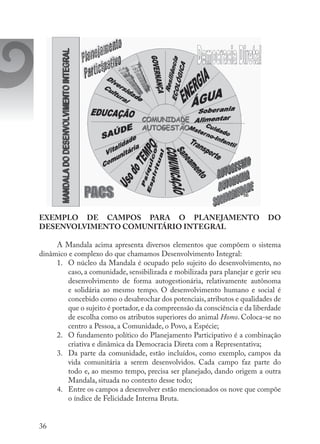 36
EXEMPLO DE CAMPOS PARA O PLANEJAMENTO DO
DESENVOLVIMENTO COMUNITÁRIO INTEGRAL
A Mandala acima apresenta diversos elementos que compõem o sistema
dinâmico e complexo do que chamamos Desenvolvimento Integral:
1.	 O núcleo da Mandala é ocupado pelo sujeito do desenvolvimento, no
caso, a comunidade, sensibilizada e mobilizada para planejar e gerir seu
desenvolvimento de forma autogestionária, relativamente autônoma
e solidária ao mesmo tempo. O desenvolvimento humano e social é
concebido como o desabrochar dos potenciais, atributos e qualidades de
que o sujeito é portador,e da compreensão da consciência e da liberdade
de escolha como os atributos superiores do animal Homo. Coloca-se no
centro a Pessoa, a Comunidade, o Povo, a Espécie;
2.	 O fundamento político do Planejamento Participativo é a combinação
criativa e dinâmica da Democracia Direta com a Representativa;
3.	 Da parte da comunidade, estão incluídos, como exemplo, campos da
vida comunitária a serem desenvolvidos. Cada campo faz parte do
todo e, ao mesmo tempo, precisa ser planejado, dando origem a outra
Mandala, situada no contexto desse todo;
4.	 Entre os campos a desenvolver estão mencionados os nove que compõe
o índice de Felicidade Interna Bruta.
 