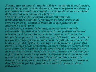 Normas que ampara el interés público regulando la explotación, protección y conservación del recurso con el objeto de mantener y acrecentar su cuantía y calidad en resguardo de las necesidades de las generaciones actuales y futuras. Ello permitirá al país cumplir con los compromisos internacionales asumidos y fortalecer nuestro proceso de reinserción en la economía mundial lo que generará un desarrollo a todo nivel. Sin embargo, a través de los años, estos recursos han sido sobreexplotados debido a la carencia de una política ambiental adecuada y el incumplimiento de las normas existentes. La búsqueda de ganancia inmediata, y el deficiente control estatal favoreció así la explotación irracional. La falta de conciencia de la dimensión del problema condujo a la depredación y por otra parte al olvido de las poblaciones en cuyo ámbito se desarrollaron estas actividades. Ejemplo de ello constituye la sobreexplotación de la anchoveta en la década de los años setenta, considerada por la FAO como uno de los ejemplos de depredación de recursos más graves de la historia mundial. En igual sentido, el ritmo de destrucción de la foresta nacional ha sido alarmante, así como la desertificación que ha agravado el estado de pobreza de las poblaciones  
