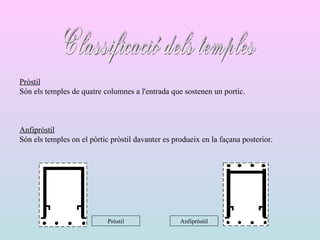 Classificació dels temples Pròstil Són els temples de quatre columnes a l'entrada que sostenen un portic. Anfipròstil Són els temples on el pòrtic pròstil davanter es produeix en la façana posterior. Anfipròstil Pròstil 
