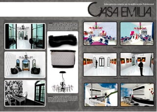 Intervención interior en la edificación Patrimonial
 un espacio diáfano dotado de sofás curvos yLobby:
cómodos para esperar mientras llega el grupo de
personas para comer, el piso en micro cemento pulido
blanco, el candil y la recepción capitoneada al igual que
dos de los muros del espacio, hacen de este un lugar
contemporáneoquerecuerdanelestilorococó.
 Oficina: un espacio romántico pensado para una mujer
moderna y refinada, el piso en micro cemento, el papel
tapiz, la sillas de Cristopher Guy y es escritorio de lineas
rectar pero con reminiscencia Rococó hacen de este un
lugarúnicoparaatenderalosclientes.
Salón Infantil
Sala de Exposiciones
Bar de la Terraza
 