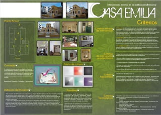 Intervención interior en la edicación Patrimonial
El concepto de intervención va dirigido a como las
formas femeninas, esbeltas y sinuosas, de la fachada se
transportan a los espacios interiores. Generando un
correlación entre las circulación, los espacios de estar
y las zonas de servicio, todo esto en búsqueda de
completar el concepto romántico de la fachada y el
acceso.
Feminidad / Simetría / Esbeltez / Sinuosidad
Concepto
 se dene por el gusto por los colores luminosos, suaves y claros.
Predominan las formas inspiradas en la naturaleza, la belleza de los cuerpos
desnudos, y especialmente en los temas galantes y amorosos. Es un arte
básicamente mundano, sin inuencias religiosas, que trata temas de la vida diaria
y las relaciones humanas, un estilo que busca reejar lo que es agradable,
renado, exótico y sensual.
 Propone, entre otros, la coexistencia de los diferentes estilos que
se hallen en el monumento, sin buscar nunca la unidad de estilo, así como
diferenciar claramente lo antiguo y el añadido moderno, eliminando los falsos
históricos, dejando constancia documental y dando publicidad a lo restaurado
o añadido. A la antigua idea de reconstrucciónse antepone la de conservación.
 Promueve la armonía entre el hábitat humano y el mundo
natural. Mediante el diseño busca comprender e integrar el edicios y el entorno
en una composición unicada y correlacionada.
El Rococó:
Camilo Boito:
Teoría Organicista:
Criterios teóricos
de intervención
Criterios
Conservar la fachada original con sus ornamentos y retirar los elementos que no
hagan parte de la tipología original de la edicación.
 Hace el análisis cromático para la fachada que corresponda a la época de la
construcción y al conjunto arquitectónico(barrio El Prado)
 Proponer materiales complementarioscon los originales
 Escoger una paleta de colores interiores acordes con el estilo de la edicación
y el uso como restaurante.
 Utilizar un tipo de iluminación adecuada para cada espacio según su uso.
Criterios
de intervención
arquitectónica
Paleta de colores
Paisajismo
 Arquitectura verde (biotectura): Analiza las
condiciones del entorno, obteniendo máximo
rendimiento con menor impacto. La ecacia y
moderación de materiales de construcción, de bajo
contenido energético. Reducción consumo de
energía y uso fuentes de energía renovables.
 Jardín Francés: se caracteriza por cumplir con la
utilización del agua, las singulares formas con las que
se moldea losarbustos, Los espacios están inspirados
en la búsqueda de la perfección simétrica y de una
perspectiva.
Planta Actual
1.Fachada
2
3
3
2
8
4
5
5
6
7
7
6
4
8
1.Fachada
Criterios
Ambientales
Criterios
Tecnológicos
Reutilización de Edicaciones: P
Implementación de Normas LEED, es aspectos como ubicación, , Parqueos para
bicicletas Vestieres y duchas para ciclistas, Sistema de recolección de aguas
lluvias , Cubiertas y muros verdes , Clasicación residuos , Reutiliación e
implementación de materiales de la región. Eciencia energética. Climatización.
 Domótica: es el conjunto de sistemas capaces de automatizar una vivienda en
estre proyecto de restaurante se utilizaran automatizacion en:
• Temperatura.
• Música
• Gestión de alarmas técnicas: Sistema Contra-incendios, Inundación, Gas,
Averías en maquinaria.
• Seguridad: Video Vigilancia.
• Detección de Incendios
• Control de Sistemas Multimedia y Telecomunicaciones: Internet,
Diagnóstico Remoto,
• Gestión eciente del consumo eléctrico, a través del control de la
iluminación (escenas e intensidades).
Denición del Proyecto
Este proyecto se dene como una propuesta que integra desde la reutilización de un inmueble patrimonial,
que mediante criterios ambientales y de la arquitectura orgánica moderna, busca una constante
comunicación entre el mundo natural y la edicación, para esto se hace uso de nuevas tecnologías en
materiales y estructuras, así como el uso de materiales ecoamigables, una decoración y un diseño de
mobiliario adecuado.
 Todos estos elementos buscan dar solución a una necesidad de revitalizar los espacios interiores y
exteriores de la edicación valorándolos como un inmueble patrimonial, logrando espacios donde las
personas pueden inter actuar, compartir una buena comida, un buen licor y visitar los espacios de la
edicación por el simple disfrute, de esta manera se garantiza que la edicación Casa Emilia sea sostenible
atravez del tiempo.
 