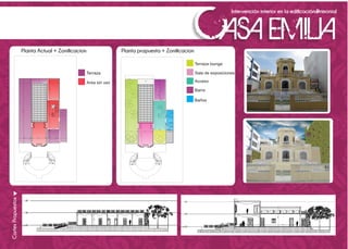 Intervención interior en la edicación Patrimonial
CortesPropuestos
Terraza
Area sin uso
Planta Actual + Zonicacion Planta propuesta + Zonicacion
Terraza lounge
Sala de exposiciones
Acceso
Barra
Baños
 