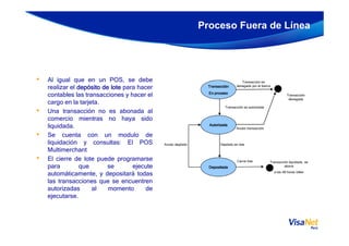 • Al igual que en un POS, se debe
realizar el depósitodepósitodepósitodepósito dededede lotelotelotelote para hacer
contables las transacciones y hacer el
cargo en la tarjeta.
• Una transacción no es abonada al
comercio mientras no haya sido
liquidada.
Proceso Fuera de Línea
TransacciónTransacciónTransacciónTransacción
En procesoEn procesoEn procesoEn proceso
Transacción
denegada
Transacción es
denegada por el banco
Transacción es autorizada
AutorizadaAutorizadaAutorizadaAutorizadaliquidada.
• Se cuenta con un modulo de
liquidación y consultas: El POS
Multimerchant
• El cierre de lote puede programarse
para que se ejecute
automáticamente, y depositará todas
las transacciones que se encuentren
autorizadas al momento de
ejecutarse.
AutorizadaAutorizadaAutorizadaAutorizada
Anular transacción
DepositadaDepositadaDepositadaDepositada
Depósito en loteAnular depósito
Transacción liquidada, se
abona
a las 48 horas útiles
Cerrar lote
 