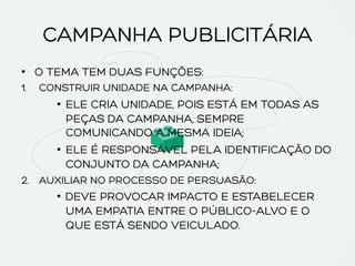 CAMPANHA PUBLICITÁRIA
•  O TEMA TEM DUAS FUNÇÕES:
1.  CONSTRUIR UNIDADE NA CAMPANHA:
•  ELE CRIA UNIDADE, POIS ESTÁ EM TODAS AS
PEÇAS DA CAMPANHA, SEMPRE
COMUNICANDO A MESMA IDEIA;
•  ELE É RESPONSÁVEL PELA IDENTIFICAÇÃO DO
CONJUNTO DA CAMPANHA;
2.  AUXILIAR NO PROCESSO DE PERSUASÃO:
•  DEVE PROVOCAR IMPACTO E ESTABELECER
UMA EMPATIA ENTRE O PÚBLICO-ALVO E O
QUE ESTÁ SENDO VEICULADO.
 