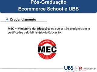 Pós-Graduação
Ecommerce School e UBS
Credenciamento
MEC – Ministério da Educação: os cursos são credenciados e
certificados pelo Ministério da Educação.

 