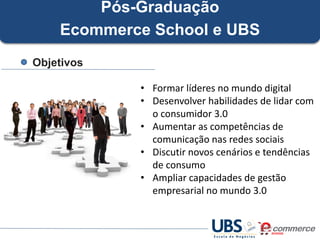 Pós-Graduação
Ecommerce School e UBS
Objetivos
• Formar líderes no mundo digital
• Desenvolver habilidades de lidar com
o consumidor 3.0
• Aumentar as competências de
comunicação nas redes sociais
• Discutir novos cenários e tendências
de consumo
• Ampliar capacidades de gestão
empresarial no mundo 3.0

 