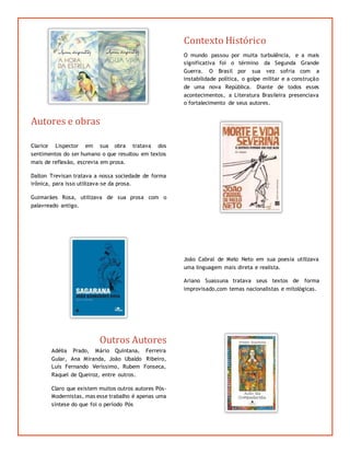Contexto Histórico
O mundo passou por muita turbulência, e a mais
significativa foi o término da Segunda Grande
Guerra. O Brasil por sua vez sofria com a
instabilidade política, o golpe militar e a construção
de uma nova República. Diante de todos esses
acontecimentos, a Literatura Brasileira presenciava
o fortalecimento de seus autores.
Autores e obras
Clarice Lispector em sua obra tratava dos
sentimentos do ser humano o que resultou em textos
mais de reflexão, escrevia em prosa.
Dalton Trevisan tratava a nossa sociedade de forma
irônica, para isso utilizava-se da prosa.
Guimarães Rosa, utilizava de sua prosa com o
palavreado antigo.
João Cabral de Melo Neto em sua poesia utilizava
uma linguagem mais direta e realista.
Ariano Suassuna tratava seus textos de forma
improvisado,com temas nacionalistas e mitológicas.
Outros Autores
Adélia Prado, Mário Quintana, Ferreira
Gular, Ana Miranda, João Ubaldo Ribeiro,
Luís Fernando Veríssimo, Rubem Fonseca,
Raquel de Queiroz, entre outros.
Claro que existem muitos outros autores Pós-
Modernistas, mas esse trabalho é apenas uma
síntese do que foi o período Pós
 