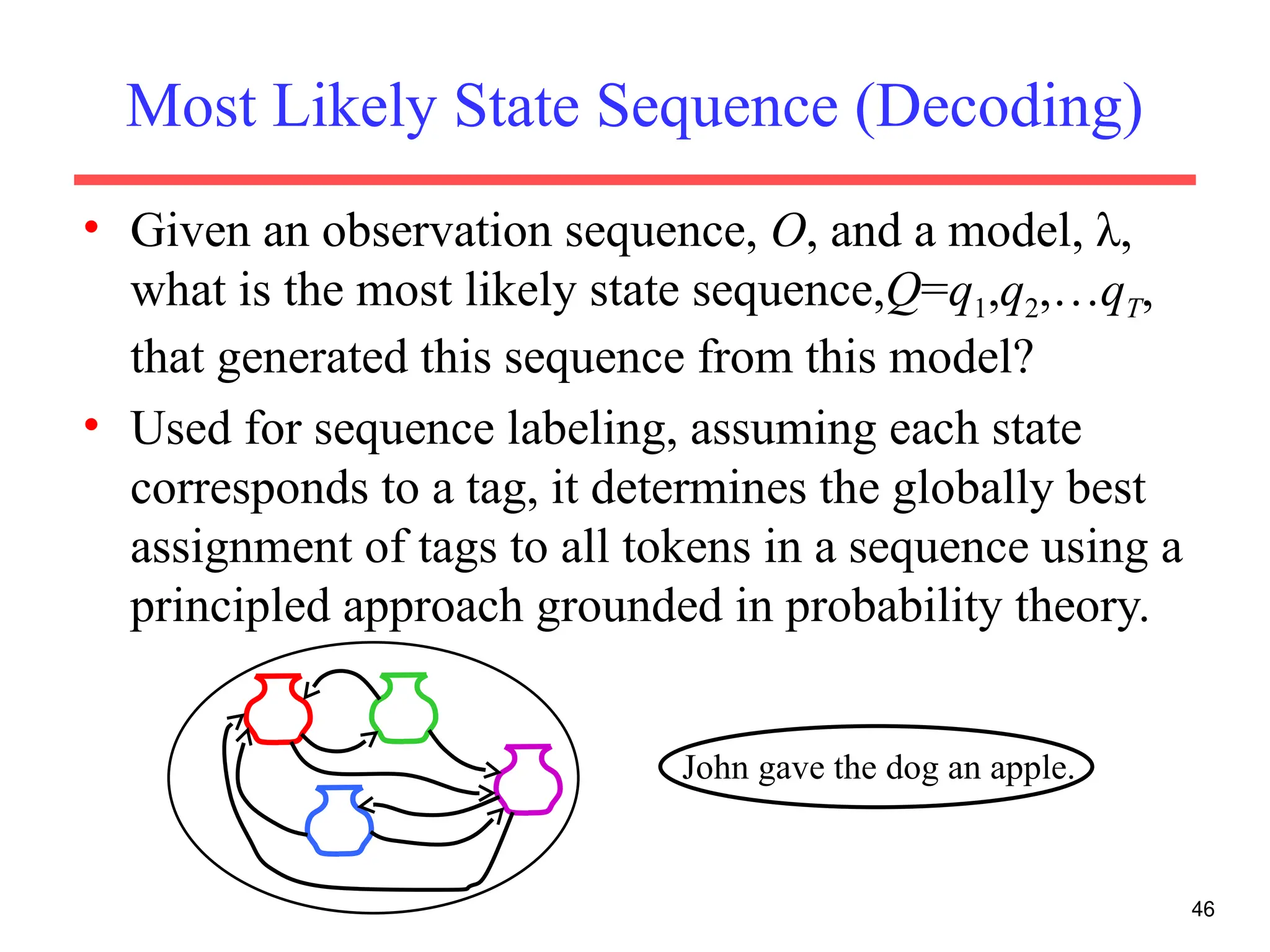 46
Most Likely State Sequence (Decoding)
• Given an observation sequence, O, and a model, λ,
what is the most likely state sequence,Q=q1,q2,…qT,
that generated this sequence from this model?
• Used for sequence labeling, assuming each state
corresponds to a tag, it determines the globally best
assignment of tags to all tokens in a sequence using a
principled approach grounded in probability theory.
John gave the dog an apple.
 