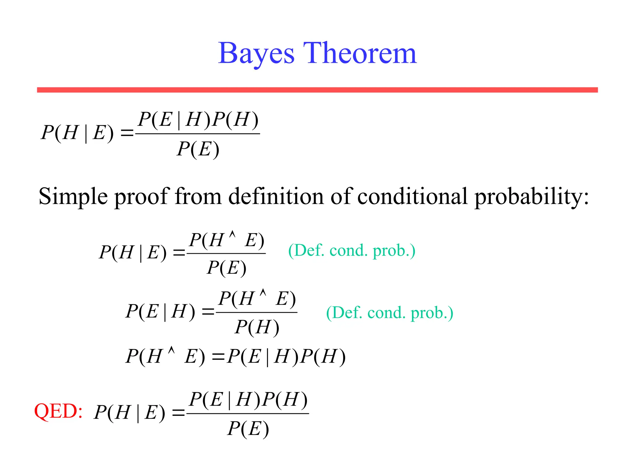 Bayes Theorem
Simple proof from definition of conditional probability:
)
(
)
(
)
|
(
)
|
(
E
P
H
P
H
E
P
E
H
P 
)
(
)
(
)
|
(
E
P
E
H
P
E
H
P


)
(
)
(
)
|
(
H
P
E
H
P
H
E
P


)
(
)
|
(
)
( H
P
H
E
P
E
H
P 

QED:
(Def. cond. prob.)
(Def. cond. prob.)
)
(
)
(
)
|
(
)
|
(
E
P
H
P
H
E
P
E
H
P 
 