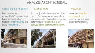 Typologie de l’habitat:
La majorité des constructions
sont récemment construit ou
en cours de réalisation, ce qui
provoque l’absence d’un
paysage urbain harmonieux.
Le quartier est
caractérisé par un seul
type d’habitation,
habitat individuelle de
style moderne .
volumes simples,
compactes
par fois avec des
décrochements.
ANALYSE ARCHITECTURAL:
Etat de fait: Volume:
 