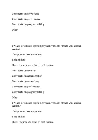 Comments on networking
Comments on performance
Comments on programmability
Other
UNIX® or Linux® operating system version: <Insert your chosen
version>
Components Your response
Role of shell
Three features and roles of each feature
Comments on security
Comments on administration
Comments on networking
Comments on performance
Comments on programmability
Other
UNIX® or Linux® operating system version: <Insert your chosen
version>
Components Your response
Role of shell
Three features and roles of each feature
 