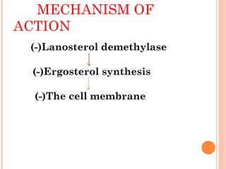 MECHANISM OF ACTION  (-)Lanosterol demethylase (-)Ergosterol synthesis (-)The cell membrane 