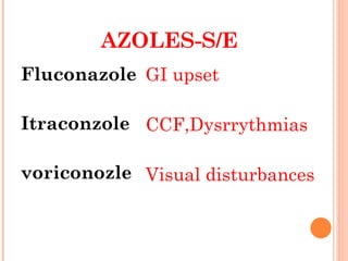 AZOLES-S/E Fluconazole Itraconzole voriconozle GI upset CCF,Dysrrythmias Visual disturbances 