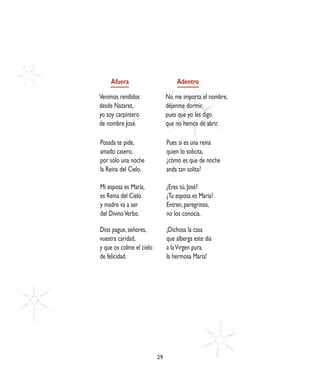 Afuera                         Adentro

Venimos rendidos               No me importa el nombre,
desde Nazaret,                 déjenme dormir,
yo soy carpintero              pues que yo les digo
de nombre José.                que no hemos de abrir.

Posada te pide,                Pues si es una reina
amado casero,                  quien lo solicita,
por sólo una noche             ¿cómo es que de noche
la Reina del Cielo.            anda tan solita?

Mi esposa es María,            ¿Eres tú, José?
es Reina del Cielo             ¿Tu esposa es María?
y madre va a ser               Entren, peregrinos,
del Divino Verbo.              no los conocía.

Dios pague, señores,           ¡Dichosa la casa
vuestra caridad,               que alberga este día
y que os colme el cielo        a la Virgen pura.
de felicidad.                  la hermosa María!




                          29
 