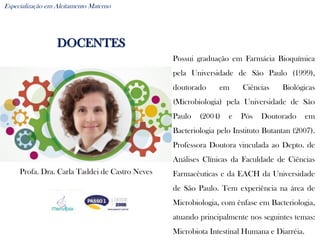DOCENTES
Especialização em Aleitamento Materno
Profa. Dra. Carla Taddei de Castro Neves
Possui graduação em Farmácia Bioqu...