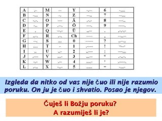 Izgleda da nitko od vas nije č uo ili nije razumio
poruku. On ju je č uo i shvatio. Posao je njegov.
Č uješ li Bož ju poruku?
A razumiješ li je?

 