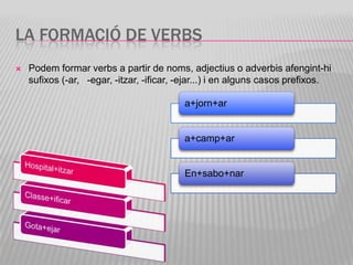 LA FORMACIÓ DE VERBS
   Podem formar verbs a partir de noms, adjectius o adverbis afengint-hi
    sufixos (-ar, -egar, -itzar, -ificar, -ejar...) i en alguns casos prefixos.

                                          a+jorn+ar


                                          a+camp+ar


                                          En+sabo+nar
 