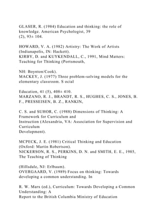 GLASER, R. (1984) Education and thinking: the role of
knowledge. American Psychologist, 39
(2), 93± 104.
HOWARD, V. A. (1982) Artistry: The Work of Artists
(Indianapolis, IN: Hackett).
KIRBY, D. and KUYKENDALL, C., 1991, Mind Matters:
Teaching for Thinking (Portsmouth,
NH: Boynton/Cook).
MACKEY, J. (1977) Three problem-solving models for the
elementary classroom. S ocial
Education, 41 (5), 408± 410.
MARZANO, R. J., BRANDT, R. S., HUGHES, C. S., JONES, B.
F., PRESSEISEN, B. Z., RANKIN,
C. S. and SUHOR, C. (1988) Dimensions of Thinking: A
Framework for Curriculum and
Instruction (Alexandria, VA: Association for Supervision and
Curriculum
Development).
MCPECK, J. E. (1981) Critical Thinking and Education
(Oxford: Martin Robertson).
NICKERSON, R. S., PERKINS, D. N. and SMITH, E. E., 1985,
The Teaching of Thinking
(Hillsdale, NJ: Erlbaum).
OVERGAARD, V. (1989) Focus on thinking: Towards
developing a common understanding. In
R. W. Marx (ed.), Curriculum: Towards Developing a Common
Understanding: A
Report to the British Columbia Ministry of Education
 