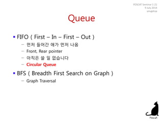 Queue
 FIFO ( First – In – First – Out )
− 먼저 들어간 애가 먼저 나옴
− Front, Rear pointer
− 아직은 쓸 일 없습니다
− Circular Queue
 BFS ( Breadth First Search on Graph )
− Graph Traversal
POSCAT Seminar 1-21
9 July 2014
yougatup
 
