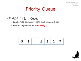 Priority Queue
 우선순위가 있는 Queue
− Pop을 하면, 우선순위가 가장 높은 element를 뺀다
− How to implement it? With array !
POSCAT Seminar 1-35
9 July 2014
yougatup
5 3 4 1 3 2 7
 