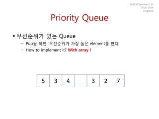 Priority Queue
 우선순위가 있는 Queue
− Pop을 하면, 우선순위가 가장 높은 element를 뺀다
− How to implement it? With array !
POSCAT Seminar 1-37
9 July 2014
yougatup
5 3 4 3 2 7
 
