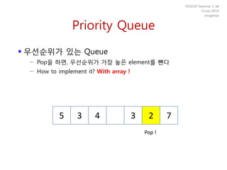 Priority Queue
 우선순위가 있는 Queue
− Pop을 하면, 우선순위가 가장 높은 element를 뺀다
− How to implement it? With array !
POSCAT Seminar 1-38
9 July 2014
yougatup
5 3 4 3 2 7
Pop !
 