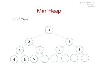 Min Heap
POSCAT Seminar 1-55
9 July 2014
yougatup
Push 3 // Done
34
2 3 7 8
2 5
1
5
 