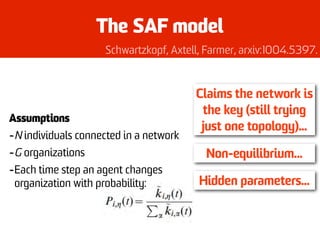 The SAF model
Assumptions
-N individuals connected in a network
-G organizations
-Each time step an agent changes
organiza...