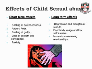  Short term effects
1. Feeling of powerlessness.
2. Anger / Fear.
3. Feeling of guilty.
4. Loss of esteem and
confidence.
5. Anxiety.
 Long term effects
1. Depression and thoughts of
suicide.
2. Poor body image and low
self esteem.
3. Issues in maintaining
relationships.
 