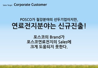 Sales Target

Corporate Customer

POSCO가 철강분야의 선두기업이지만,

연료전지분야는 신규진출!
포스코의 Brand가
포스코연료전지의 Sales에
크게 도움되지 못한다.

 